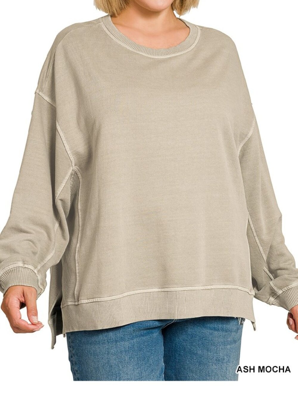 NWT-Women's Plus Size French Terry Pigment Dye Hi-Lo Cotton Pullover, Ash Mocha